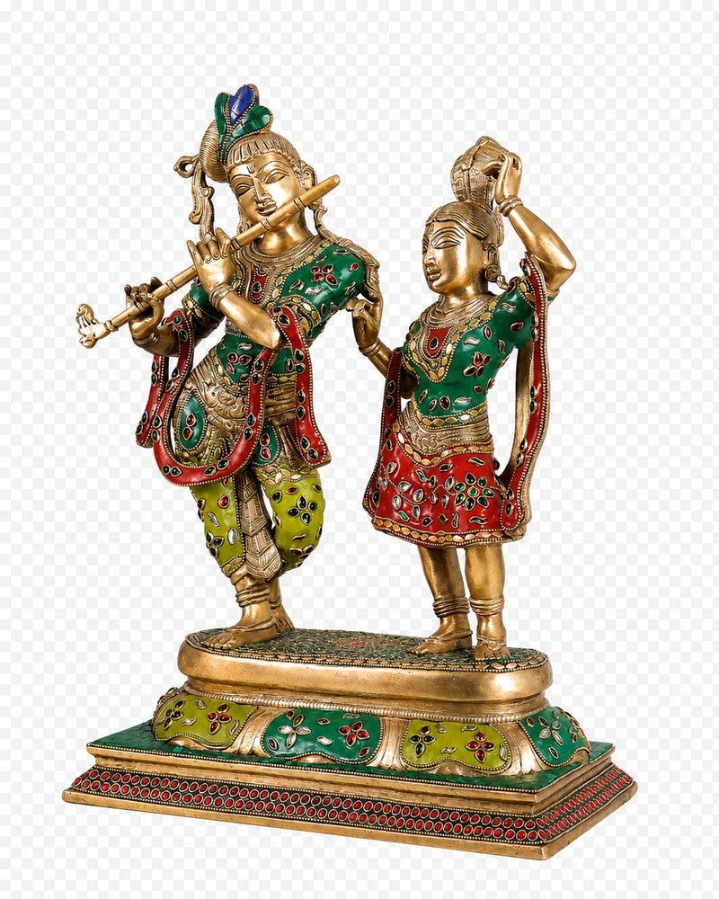 Brass Radha-Krishna dancing sculpture, green and red painted garments on golden base