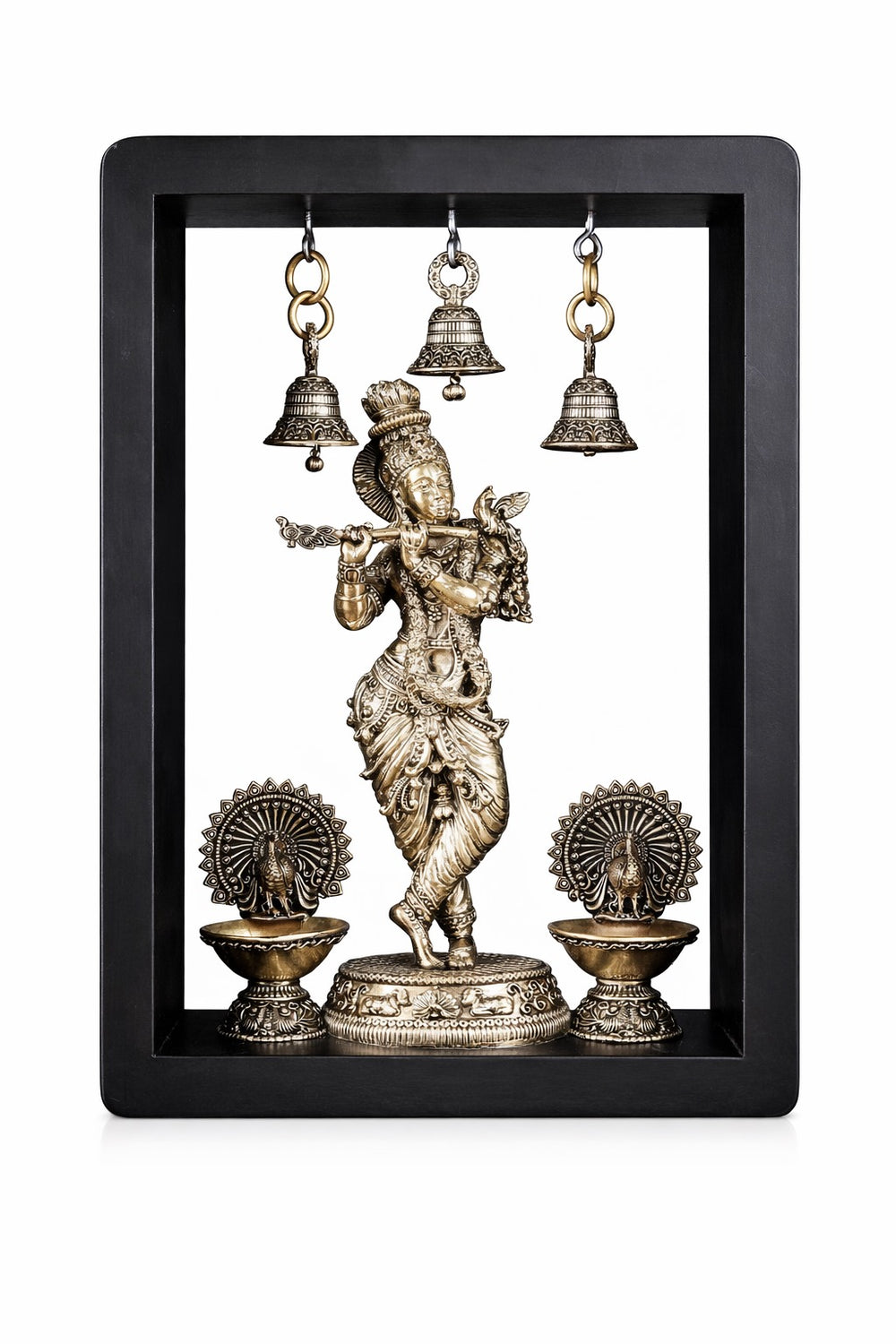 Superfine Brass Lord Krishna Idol with Peacock Lamps & Hanging Bells (Height :11 Inches)