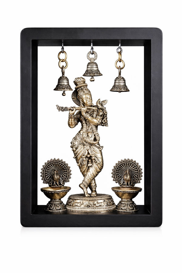 Superfine Brass Lord Krishna Idol with Peacock Lamps & Hanging Bells (Height :11 Inches)