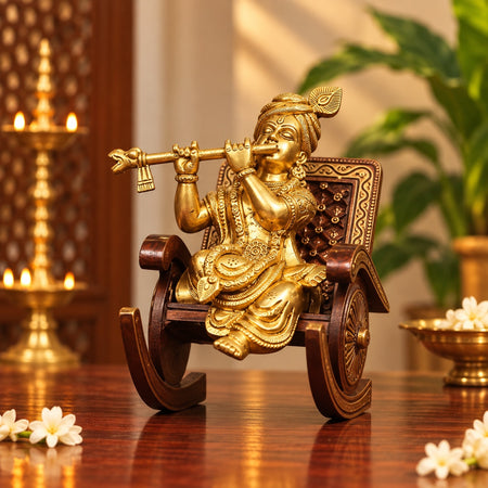 Brass Baby Krishna on Rocking Chair – Flute Playing Krishna Idol (Height:6.5 Inches)