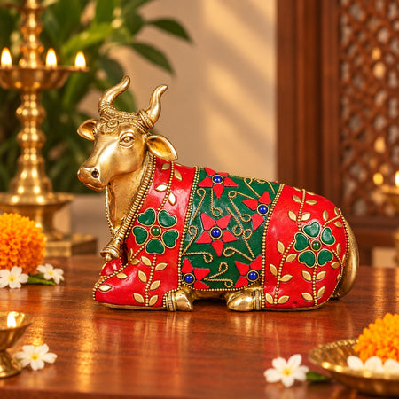 Brass Nandi Bull Idol with Stonework – Sacred Nandi Statue for Mandir & Pooja Décor (Height:5 Inches)