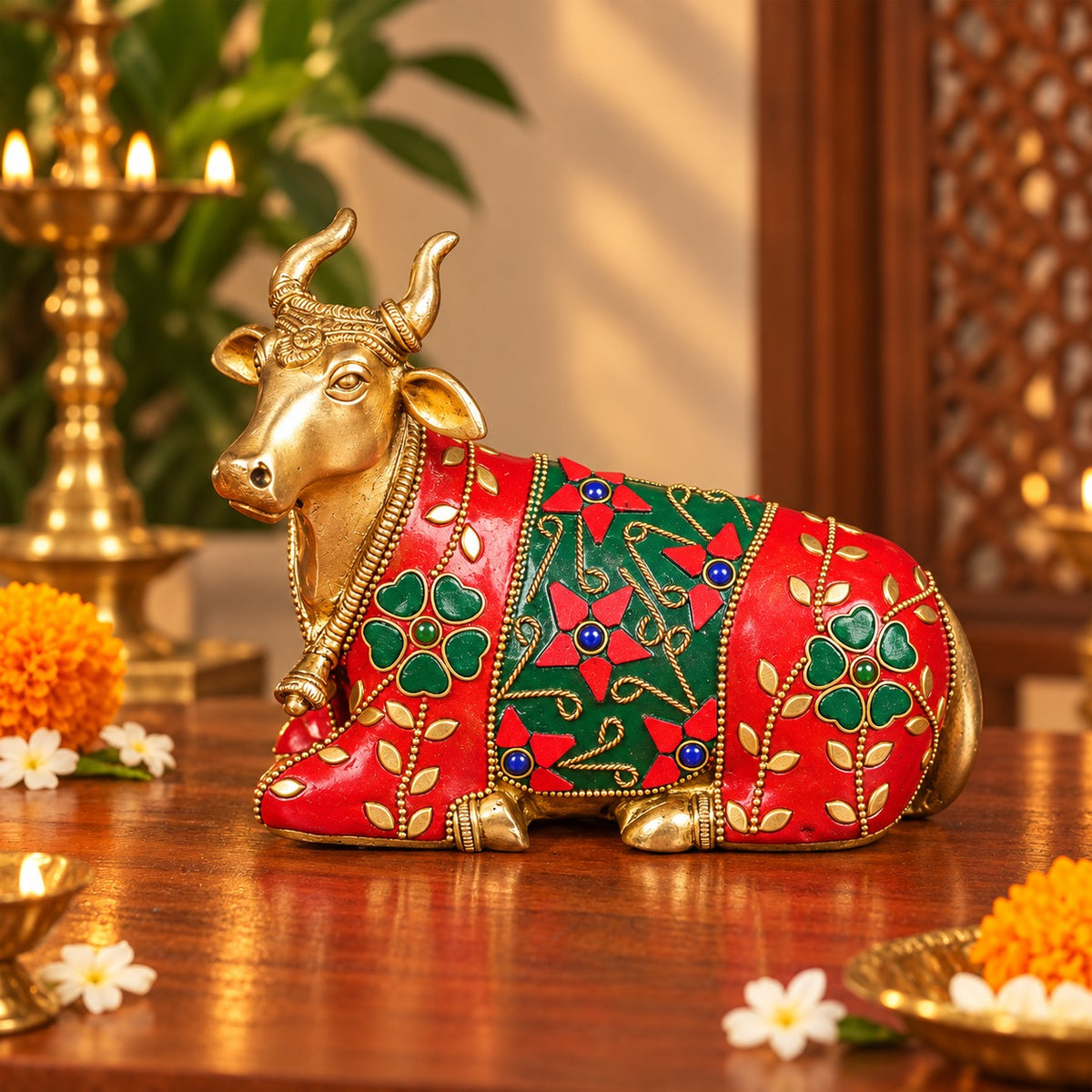 Brass Nandi Bull Idol with Stonework – Sacred Nandi Statue for Mandir & Pooja Décor (Height:5 Inches)