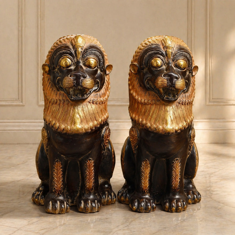 Handcrafted Brass Lion Pair Statue for Living Room Decor (Height:21 Inches)
