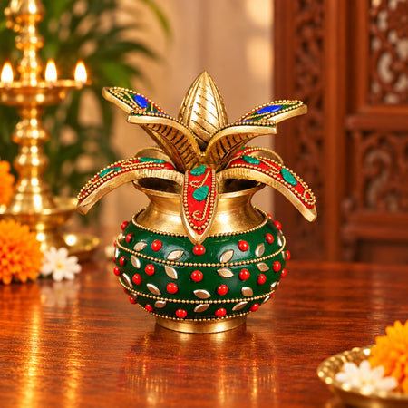 Brass Kalash with Stonework & Decorative Coconut Leaves – Pooja Kalash for Mandir (Height:5 Inches)