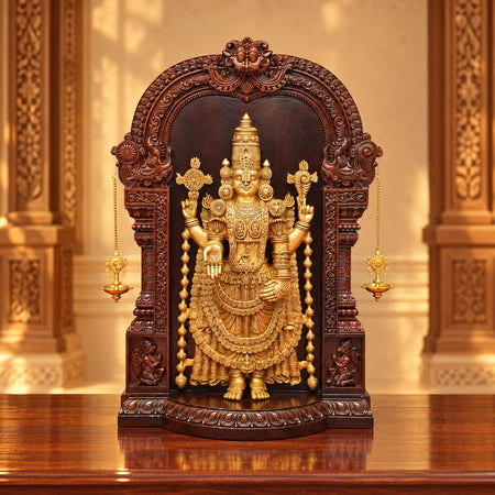Brass Balaji Idol with Wooden Mandir Frame & Hanging Diyas (Height:46 Inches)