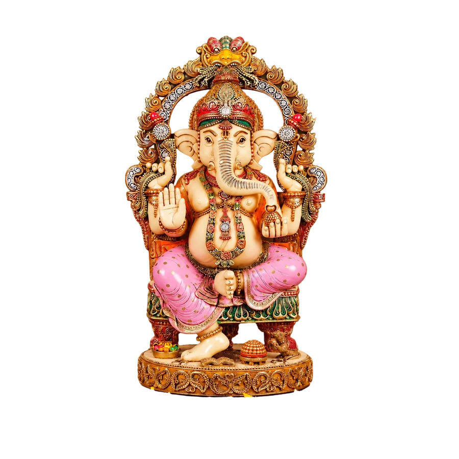 Large Seated Lord Ganesha Idol with Ornate Arch | Hand-Painted Marble Dust & Cold Cast Statue for Home Temple, Pooja Room & Décor (Height:7 Inches) Craft Detail