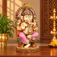 Large Seated Lord Ganesha Idol with Ornate Arch | Hand-Painted Marble Dust & Cold Cast Statue for Home Temple, Pooja Room & Décor (Height:7 Inches)