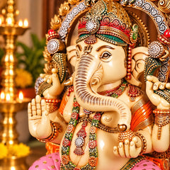 Large Seated Lord Ganesha Idol with Ornate Arch | Hand-Painted Marble Dust & Cold Cast Statue for Home Temple, Pooja Room & Décor (Height:7 Inches)