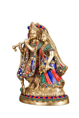 Brass Radha-Krishna statue, colorful stone inlay, side view with raised flute hand