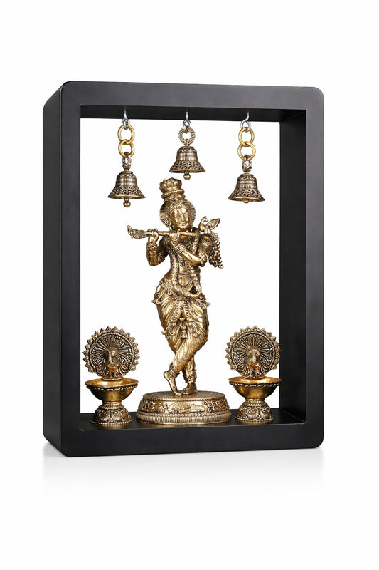 Brass Lord Krishna Idol with Peacock Lamps & Hanging Bells (Height :11 Inches)