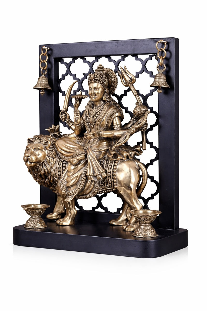 Brass Goddess Durga on Temple Arch with Hanging Bells (Height :12 Inches)