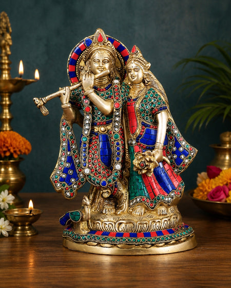 Brass Radha Krishna Statue (Together Form) - with Stone Detailing (Height: 12.5 Inches)