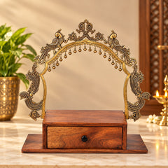 Temple Altar with Bells and Wooden Drawer | Decorative Brass & Wood Showpiece for Home and Office (Height:20.5 Inches)