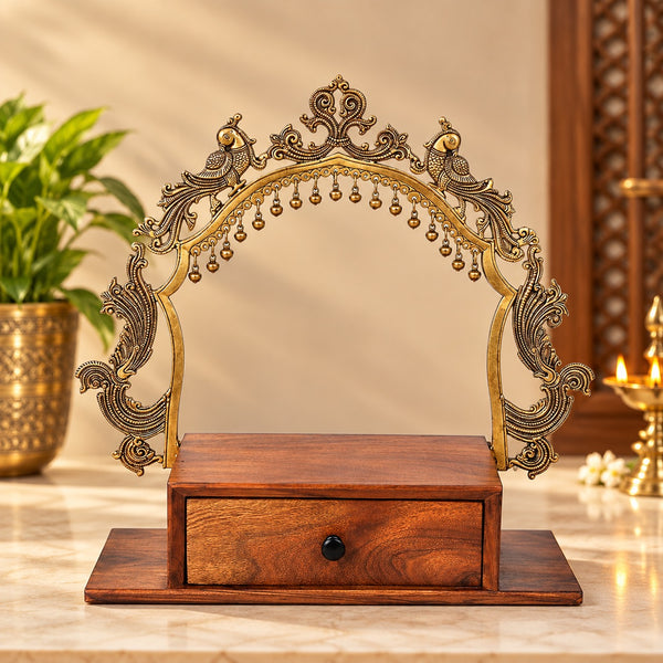 Temple Altar with Bells and Wooden Drawer | Decorative Brass & Wood Showpiece for Home and Office (Height:20.5 Inches) Entryway Setting