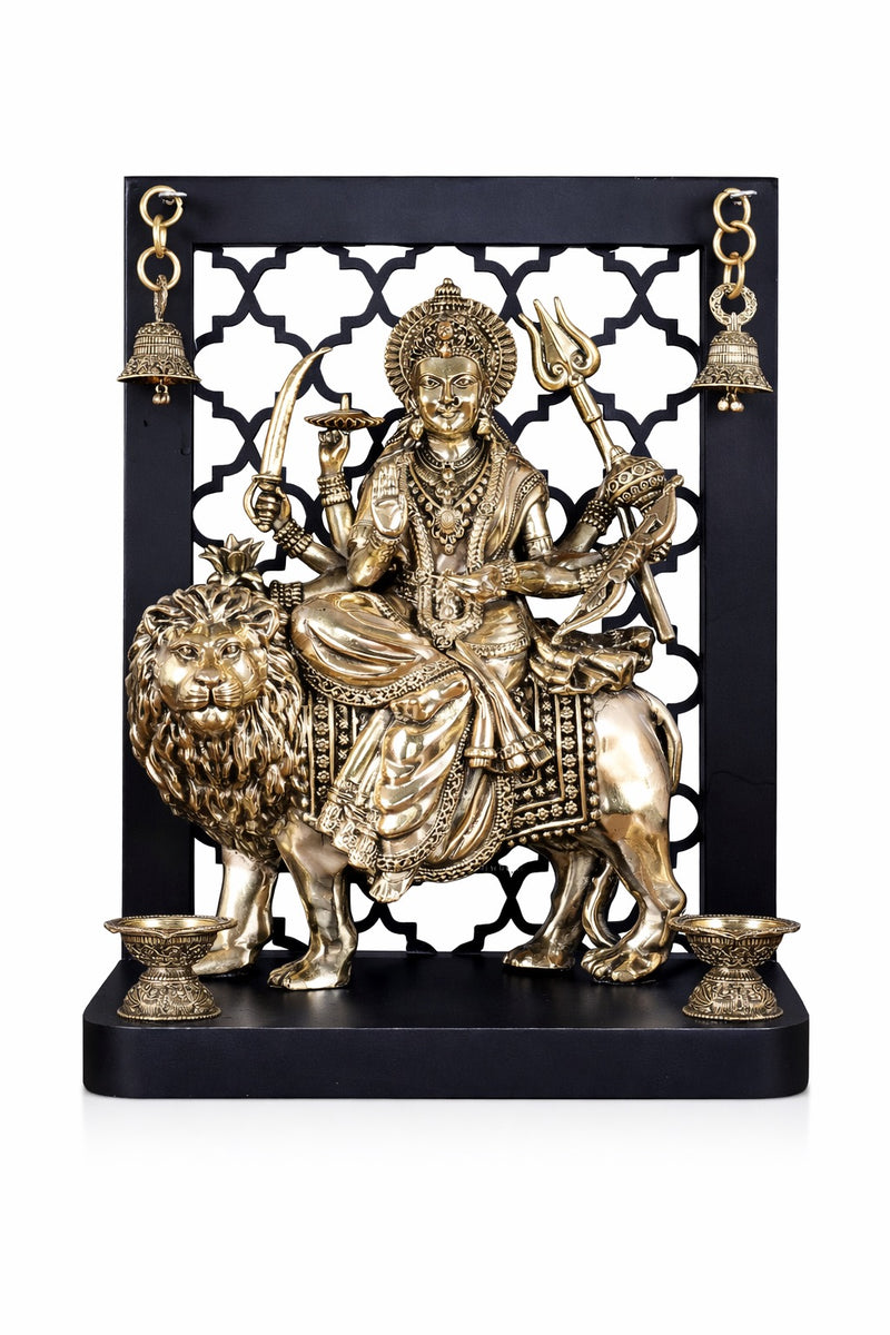 AONA Brass Goddess Durga on Temple Arch with Hanging Bell