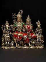 Brass Lord Shiva family idol, seated with four attendants, 6-inch height, red enamel