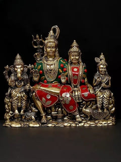 Brass Lord Shiva family idol, seated with four attendants, 6-inch height, red enamel