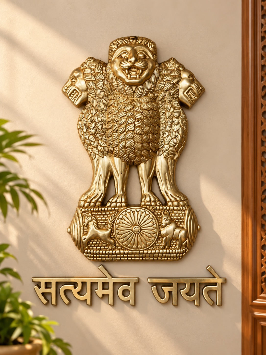 Large Brass Ashoka Stambh with Satyamev Jayate | Indian National Emblem Wall Hanging Décor (Height: 12 Inches)