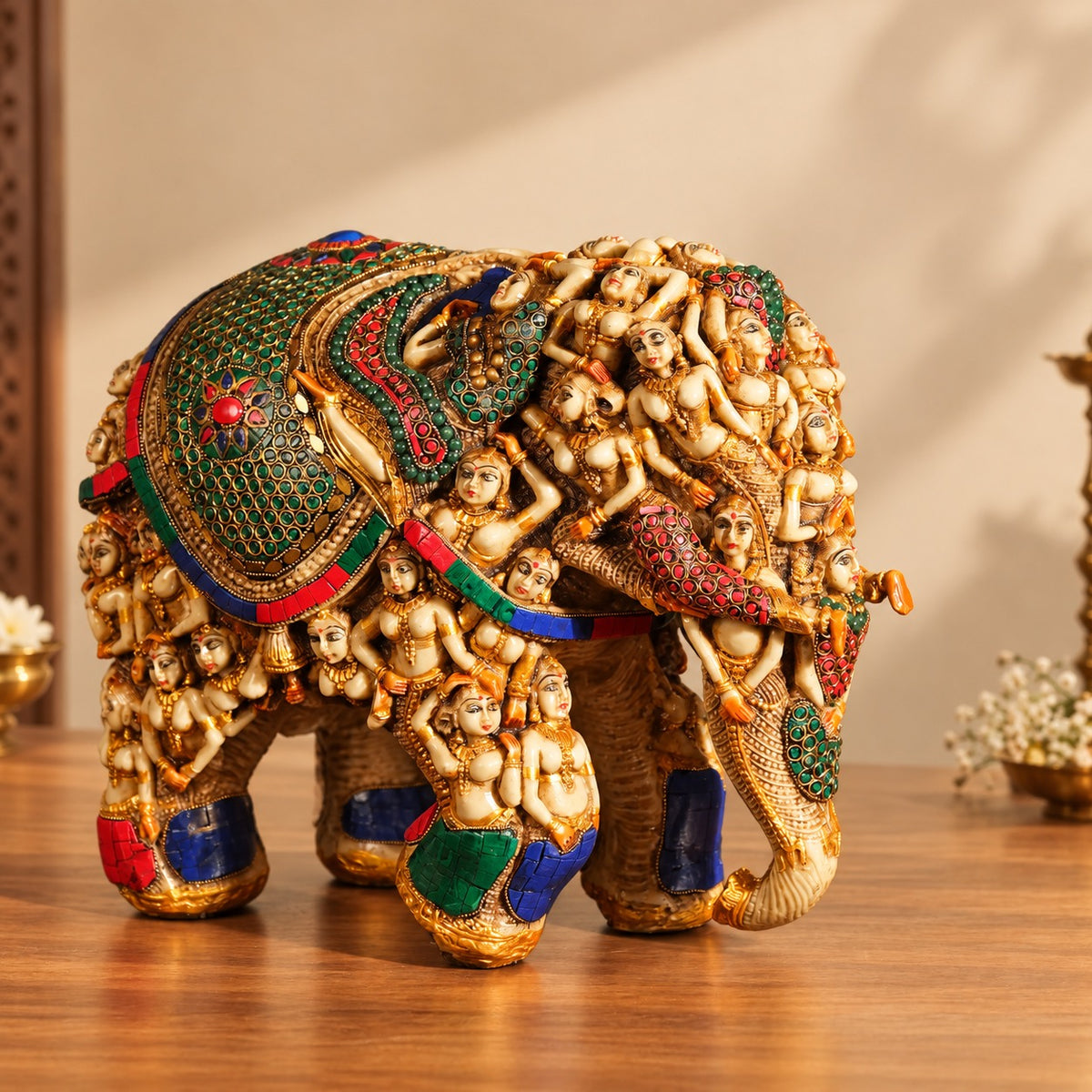 Resin Handcrafted Lady Elephant Sculpture | Ornate Folk Art Decorative Statue (Height: 14 Inches)