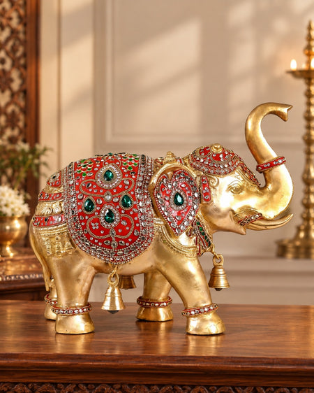 Brass Maharaja Elephant Showpiece | Rajasthani Meenakari & Stone Work | Royal Ethnic Décor (Height: 12.5 Inches)