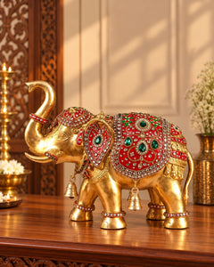 Brass Maharaja Elephant Showpiece | Rajasthani Meenakari & Stone Work | Royal Ethnic Décor (Height: 12.5 Inches)