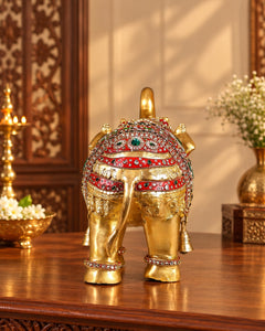 Brass Maharaja Elephant Showpiece | Rajasthani Meenakari & Stone Work | Royal Ethnic Décor (Height: 12.5 Inches)