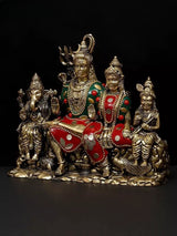 Brass Lord Shiva family idol with hand gestures, red decorative dots, 6-inch