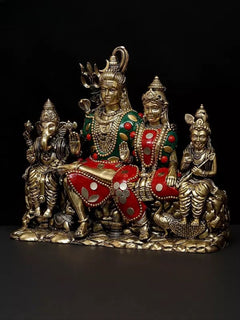 Brass Lord Shiva family idol with hand gestures, red decorative dots, 6-inch