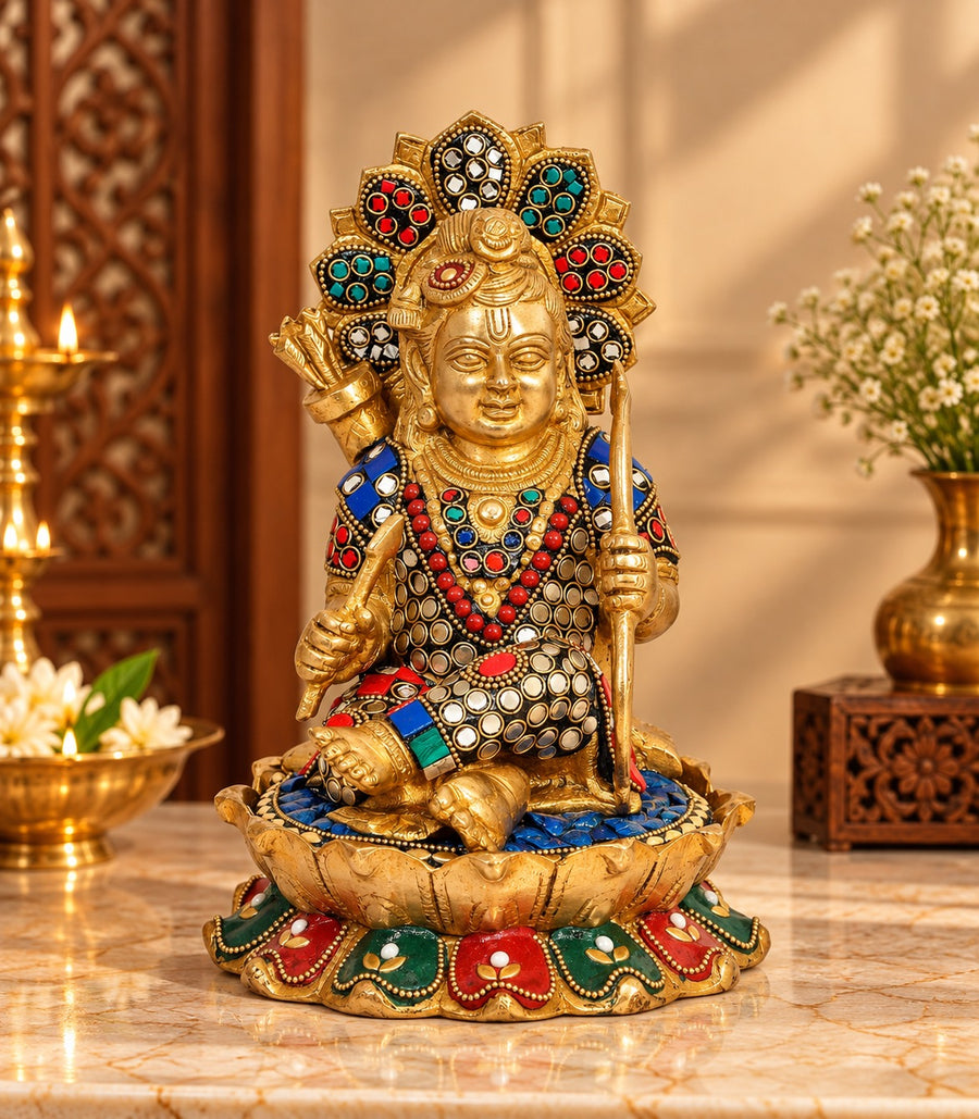 Brass Ram Lalla sitting deity idol with jeweled crown and seated lotus base