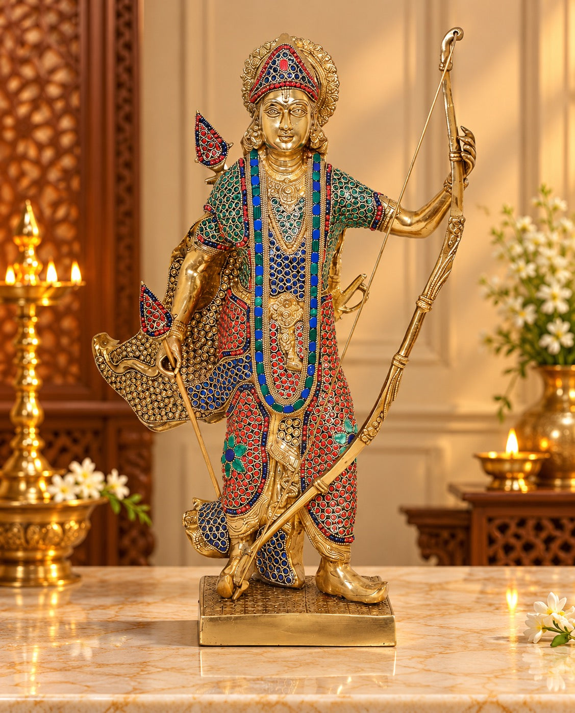 Multicolor brass Lord Rama statue with bow and arrow, front view