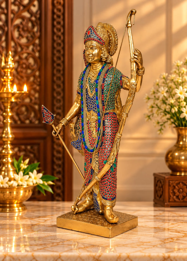 Multicolor Brass Lord Rama Statue with Bow | Artistic Hindu Deity Sculpture (Height: 24 Inches) Study Setting