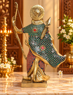 Multicolor brass Lord Rama statue with bow, back/side view with ornate halo