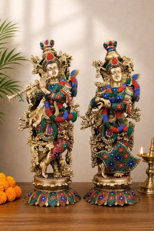 Exquisite Pure Brass Radha Krishna Statue on Lotus Base with Intricate Stonework (Height: 27 Inches)