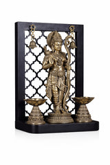 Brass Lord Rama idol with raised hand, dual diyas and bell holders, gold tone