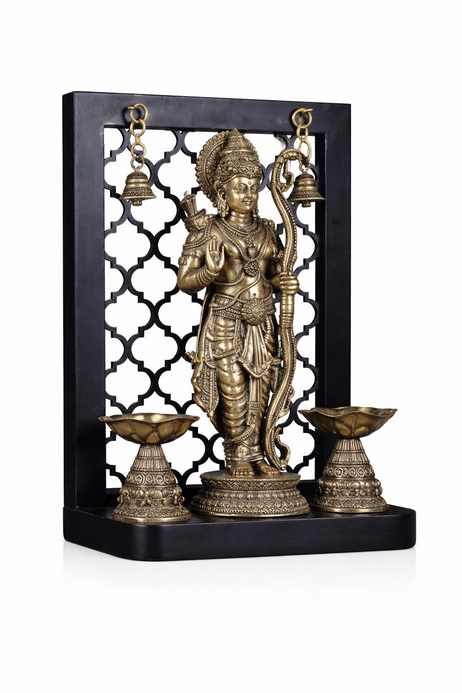 Superfine Brass Lord Rama Idol with Dual Diyas & Hanging Bells (Height :12 Inches) Craft Detail