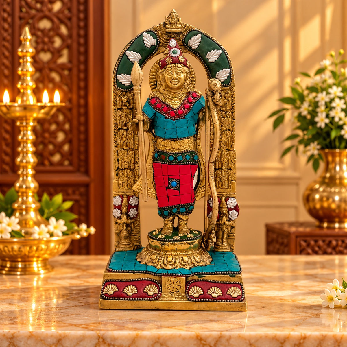 Brass Gemstone-Studded Divine Child Idol | Pure Brass Spiritual Accent | Artistic Hindu Decor Statue (Height: 9.6 Inches)