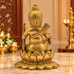 Pure brass Ram Lalla idol from back, seated on lotus base, ornate clothing and ornaments