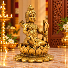 Pure brass Ram Lalla idol seated on lotus base, side view, raised right hand