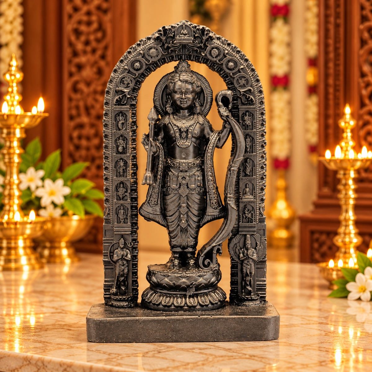 Dark resin Ram Lalla statue in arched frame, seated figure holding ceremonial items