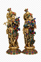 AONA pure brass Radha Krishna statue, jeweled detailing, side pair on lotus base