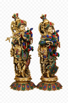 AONA pure brass Radha Krishna statue, jeweled detailing, side pair on lotus base