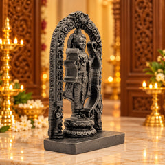 Dark resin Ram Lalla statue in arched frame, side view with layered back ornaments