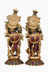 Pure brass Radha Krishna statue on lotus base, ornate back with round halo ornament