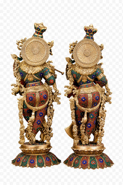 Pure brass Radha Krishna statue on lotus base, ornate back with round halo ornament