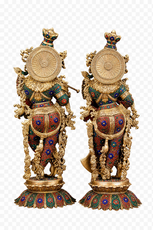Exquisite Pure Brass Radha Krishna Statue on Lotus Base with Intricate Stonework (Height: 27 Inches) Study Setting