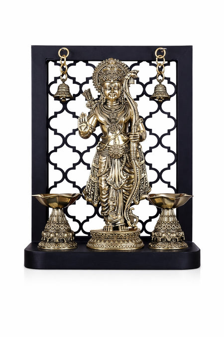 Superfine Brass Lord Rama Idol with Dual Diyas & Hanging Bells (Height :12 Inches)