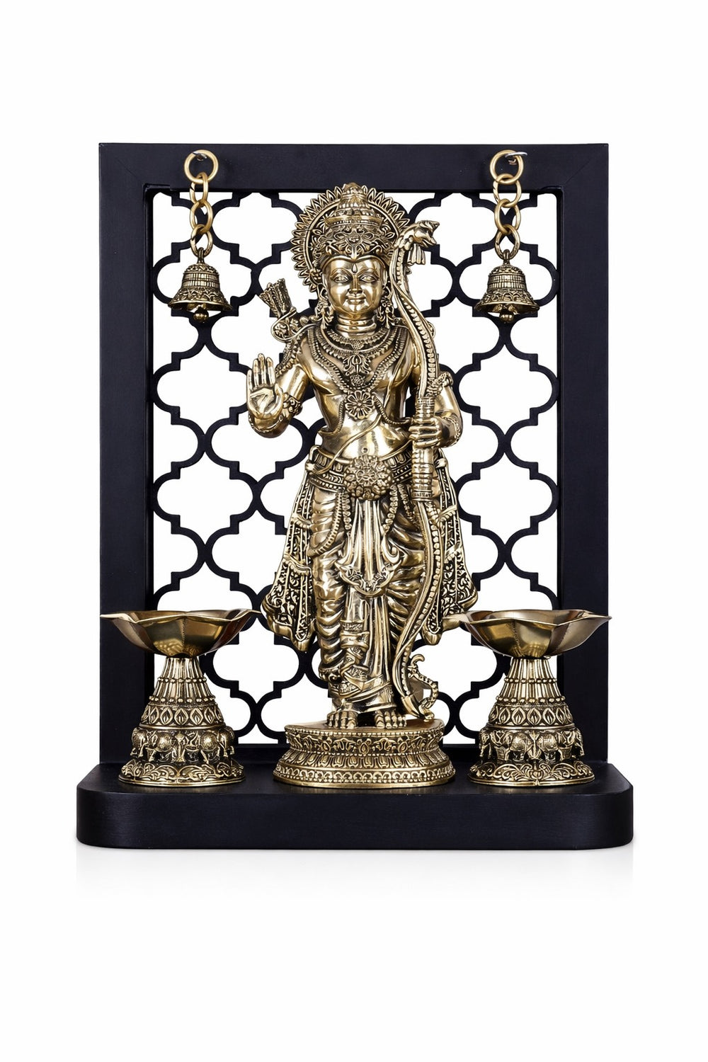 Superfine Brass Lord Rama Idol with Dual Diyas & Hanging Bells (Height :12 Inches)