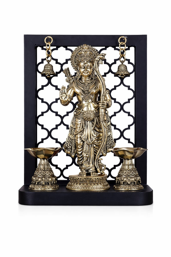 Superfine Brass Lord Rama Idol with Dual Diyas & Hanging Bells (Height :12 Inches)
