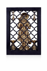 Brass Lord Rama idol rear view with twin diya lamps and hanging bells, gold tone
