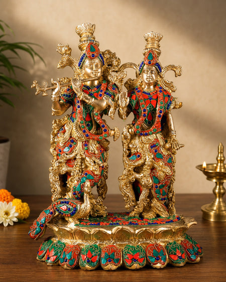 Handcrafted Brass Radha Krishna Statue – Meenakari Detailing (Height: 14 Inches)